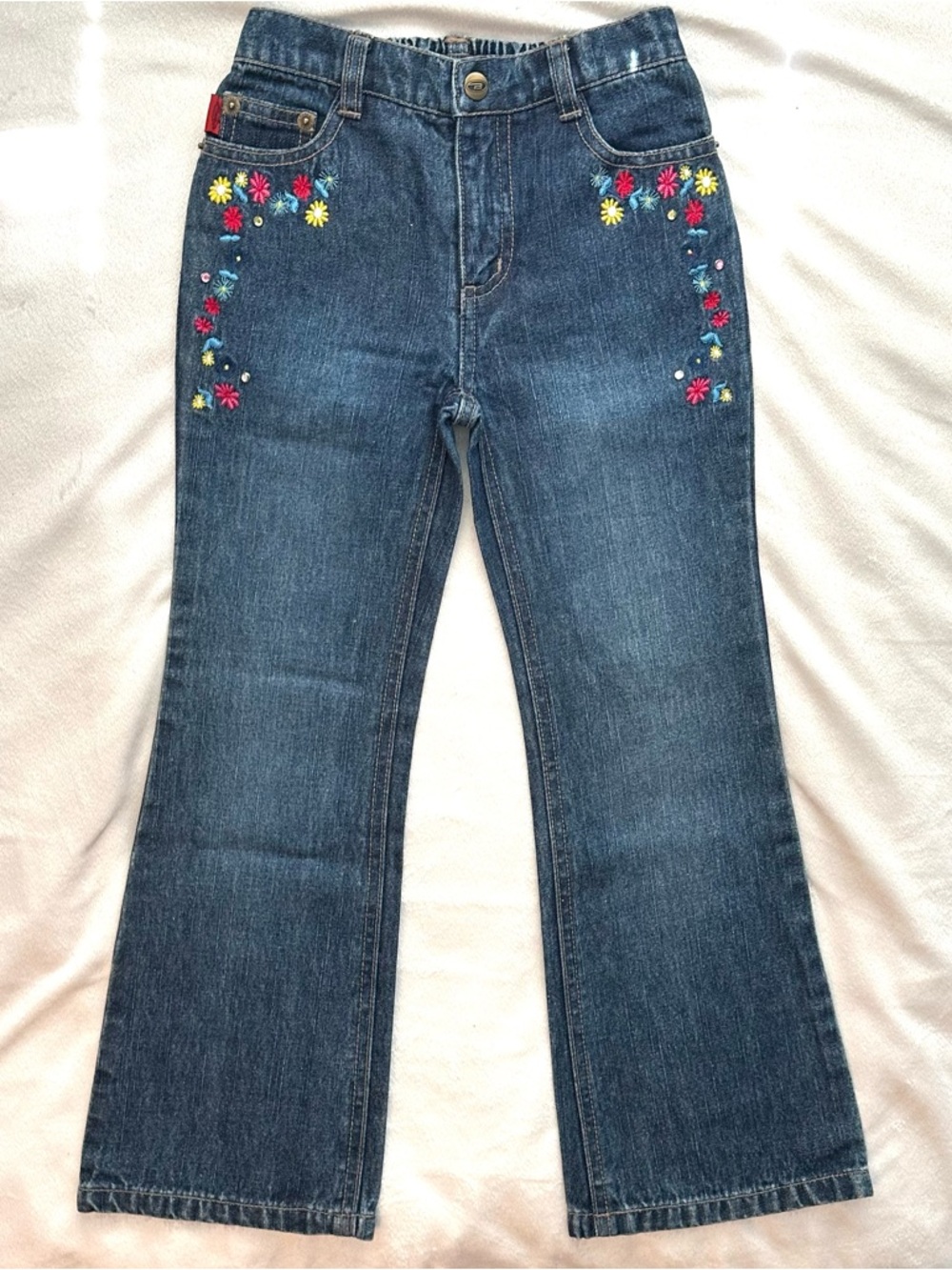 Vintage Bongo Embroidered Flowers Girls Flare Jeans 6 gems embellished floral